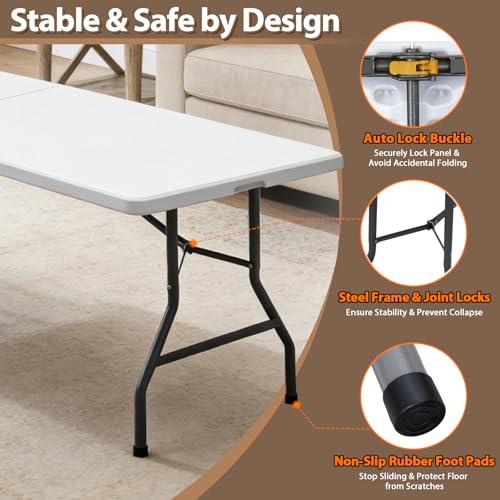 SUPER DEAL 8FT Folding Picnic Table for Indoor Outdoor, Portable Fold-in-Half Plastic Dining Camping Party Table with Carrying Handle - color: White, size: 95"x30", style: Rectangular