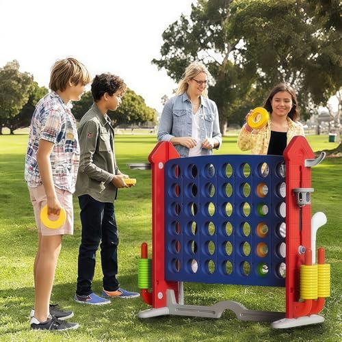 UNICOO Adjustable Height Giant 4-in-a-Row Game with Carry Bag, 4-in-1 Jumbo 4-to-Score Yard Game with Basketball Hoop, Ring Toss & Golf Set, Indoor Outdoor Family Party Game for Kids & Adults - color: Red & Blue
