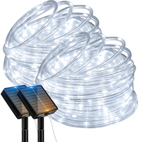 btfarm 2 Pack Solar Rope Lights Outdoor, 120LED 46FT Solar String Lights Outside Waterproof, 8 Lighting Modes Tree Tube Fairy Light Solar Powered for Garden Christmas Yard Party Decoration, Cool White - color: Cool White, size: 2 Pack