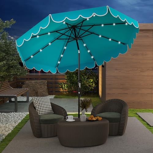 Tangkula 9 FT Solar Patio Umbrella, 2-Tiers Scalloped Outdoor Table Market Umbrella with 32 LED Lights, Vented Top, Tilt Adjustment, Crank, 8 Ribs for Backyard Poolside Deck Beach Lawn (Turquoise) - color: Turquoise, size: 9Ft