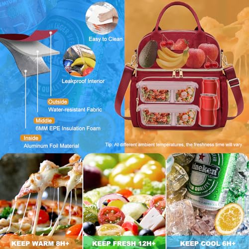 AIJIEKE Large Insulated Lunch Bag for Women, Double Compartment Leakproof Lunch Box for Work Office, Reusable Cooler Tote with Adjustable Strap & Side Pockets for Adults Picnic Beach, Red - color: Red