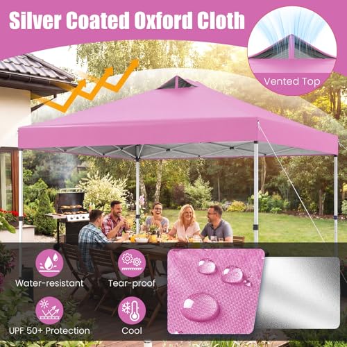 Tangkula 10 x10 Ft Pop Up Canopy with Center Lock, UPF 50+ One-Button Setup Outdoor Canopy Tent with Roller Bag, 4 Sand Bags, Heavy-Duty Steel Frame, 8 Stakes, 4 Ropes for Camping, Picnic (Pink) - color: Pink