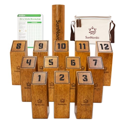 SunNordic Wooden Throwing Game Set, Numbered Block Toss Games with 1 x Scoreboard,12 x Premium Rubber Wood Pins & 1 x Dowel, Outdoor Backyard Lawn Bowling Yard Game for Kids, Adults & Family - color: Yellow Brown