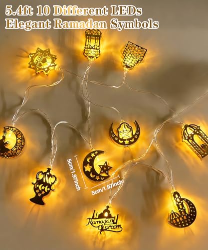 Ramadan Eid Mubarak Lights, 10 LED Battery Operated Eid Mubarak Lights with Metal Moon Star Lantern Ramadan Kareem, Islamic Home Decor for Bedroom Mantle Window Tree Fireplace Party - style: Vintage