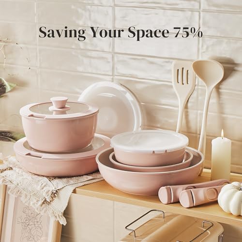 Redchef 16pcs Ceramic Pots and Pans Set Non Stick, Nonstick Kitchen Cookware Set with Detachable Handle, Non Toxic, PFAS PFOA & PTFE Free, RV Cookware Set for Camping, Dishwasher/Oven Safe (Pink) - size: 16 pcs Pink