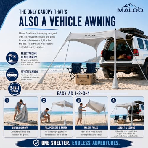Malo'o DualShade 10x10 Beach Canopy & Vehicle Awning – Exclusive 2-in-1 Sun Shelter, SPF 50 Shade Tent, Car Camping Awning, Carry Bag Included - color: Gray