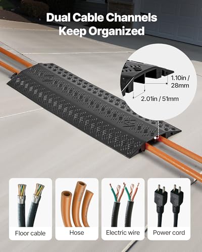 VEVOR 2 Pack Drop Over Cable Cover, 2 Channel Heavy Duty Cable Hose Protector Ramp, 38.3'' Floor Cord Cover, 17,500 lbs/Axle Load Capacity, for Traffic Areas, Indoor, Outdoor, Home, Office, Warehouse - size: Medium-2PACK