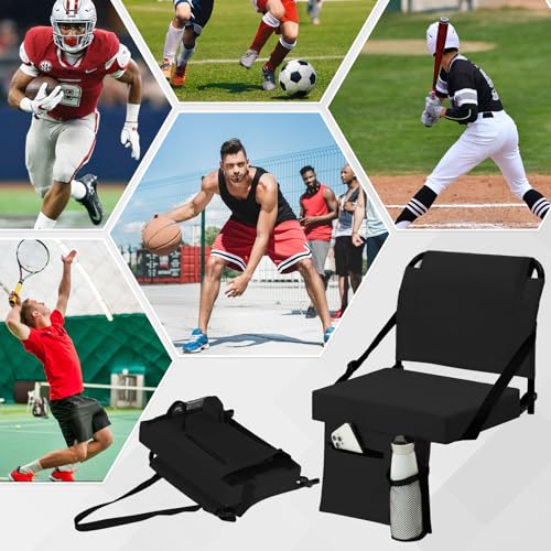 2pcs Stadium Seat for Bleachers with Back Support，Portable Bleacher Chairs with Back and Cushion，Includes Shoulder Strap and Cup Holder - color: Black,2 Pack