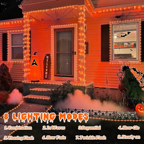 YEGUO Orange Solar Halloween Lights, 66ft 200 LED Solar Rope Lights Outdoor Waterproof, 8 Modes Fairy Lights in Clear Thin Tube - color: Orange