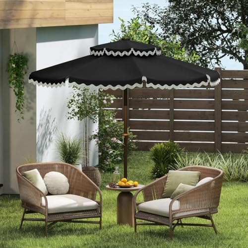 Kingdura 9ft Patio Umbrella with Fringe, Outdoor Table Umbrella with 8 Sturdy Fiberglass Ribs, Push-Button Tilt, UPF 50+, Luxurious Vintage Pool Umbrellas - color: Black - Fringe, size: 9 Ft