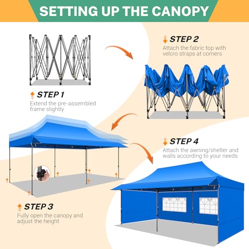 COBIZI 10x20 Pop Up Canopy Tent with Awning & Sidewalls, Heavy Duty Commercial 10X20 Canopy Tents Instant Waterproof, UPF 50+ Sun Shade for Outdoor, Parties, Markets (Blue) - color: Blue, size: 10x20FT with 4 Sidewalls & 1 Awning Cloth