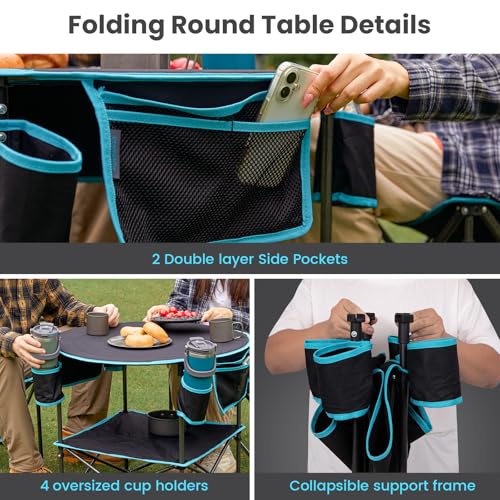 FUNDANGO All in One Tailgate Table, Portable Beach Table with Cup Holders, Camping Table Foldable with Side Pockets Carry Bag for Camp Outdoor Sand Beach Picnic Fishing Tailgating Essentials