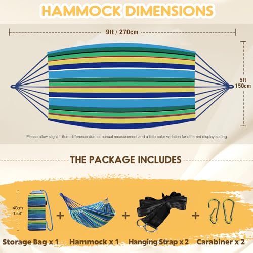 ANYOO Cotton Hammock Portable Camping Hammocks for Hanging Sturdy Garden Comfortable Fabric Hammock with Tree Straps Up to 660lbs with Travel Bag for Camping Outdoor/Indoor Patio Backyard - color: Blue/Yellow/Green Stripe
