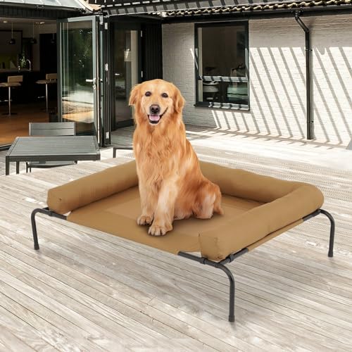 MoNiBloom Outdoor Elevated Dog Bed w/Removable Bolster, Portable Raised Outdoor Dog Bed with Stable Anti-Slip Feet & Breathable Mesh, 48 Inches Length, Light Brown - color: Light Brown, size: 48"L