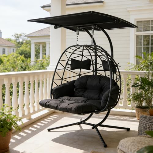 Double Egg Chair Outdoor with Stand & Adjustable Canopy, Extra Large 2 Person Hanging Chair with Leg Rests, Outdoor Egg Chair with Thickened Cushion, 600lbs Capacity for Patio, Garden (Black)