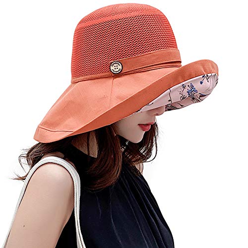 Women Mesh Sun Hats Summer Beach UV Protection UPF Packable Wide Brim Chin Strap - color: Orange-red