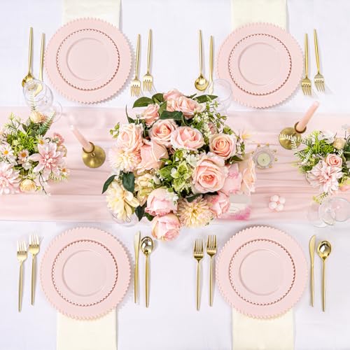 U-QE 60PCS Pink Plastic Plates - Heavy Duty Beaded Pink Disposable Plates for Mothers Day, Party, Baby Shower, Wedding - Serving 30 Guests Include 30PCS 10inch Dinner Plate & 30PCS 7inch Dessert Plate - color: Pink