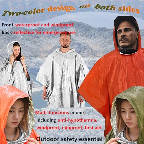 4X Surviv`al Gear kit, Emergency Poncho (2pc), Emergency Space Blanket (2pc), Mylar Liner - Retains 92% Body Heat, Outdoors, Hiking, Camping, Bug Out Bag, Marathons or First Aid, Car (G + O) - color: Multicolor