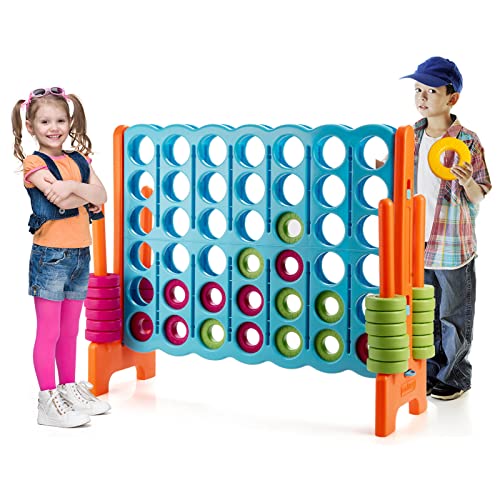 GLACER Giant 4-in-A-Row Game Set, 4-to-Score Game with Quick-Release Slider & 42 Jumbo Rings, 3.5FT Tall Outdoor Yard Games for Family Parties, Kids & Adults - color: Baby Blue+orange