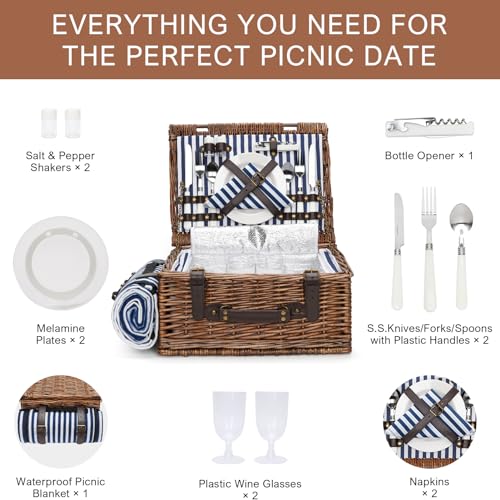 Picnic Basket for 2 Persons - Baskets with Cooler and Picnic Blanket, Classical Wicker Picnic Basket with Waterproof & Sand-Proof Beach Mat,Willow Hamper Service Set - size: 15.43" for 2 Persons with Cooler