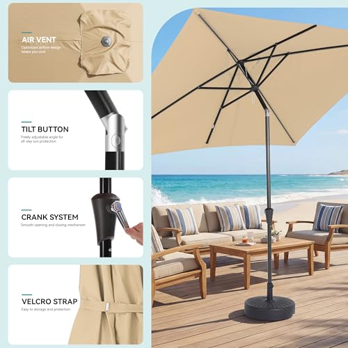 Rectangular Patio Umbrella, 6.5 x 10 ft Rectangle Table Umbrellas w/Heavy Duty Ribs, Effortless Crank and Push Button Tilt, Wind Resistant Sun Umbrella for Outdoor Patio, Beige - color: Beige