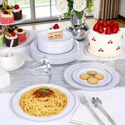 GATHER 176 Pieces Silver Plates - Disposable Silver Plastic Plates Includes 50 Plates, 75 Silverware, 25 Napkins, 25 Silver Rimmed Cups and 1 Tablecloth Perfect for Party & Weding - color: Silver, size: 25 Guests