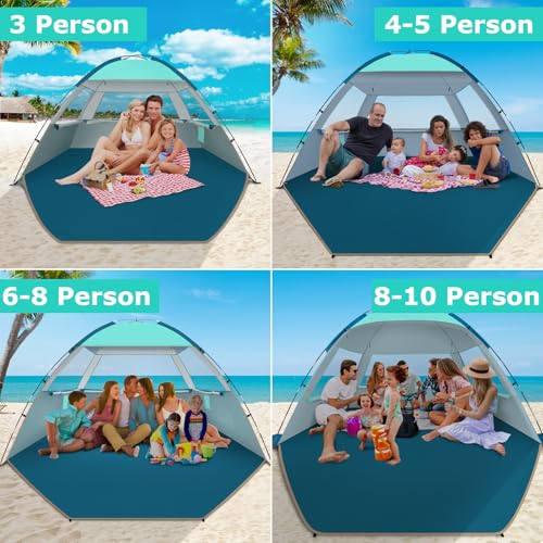 COMMOUDS Beach Tent Sun Shade for 3/4/6/8 Person, UPF 50+ Beach Sun Shelter Canopy Tent, Lightweight, Easy Set Up and Carry - color: Turquoise, size: 8 Person