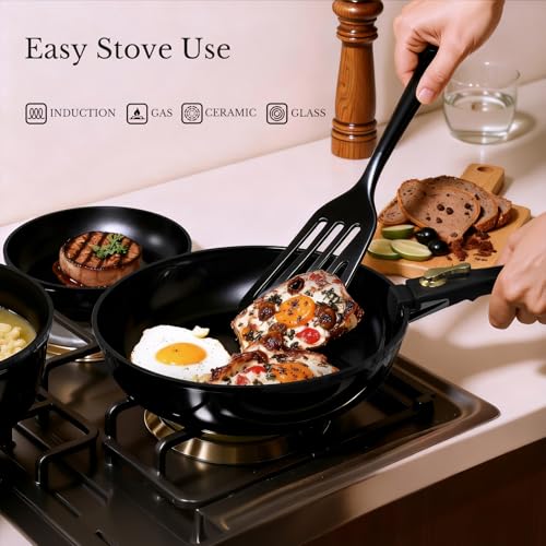 Pots and Pans Set Non Stick, Ceramic Cookware Set Detachable Handle, RV Camping Kitchen Cooking Set Removable Handles, Dishwasher/Oven/Fridge Safe, Induction, Space Saving，Black Gold - color: Black/Gold