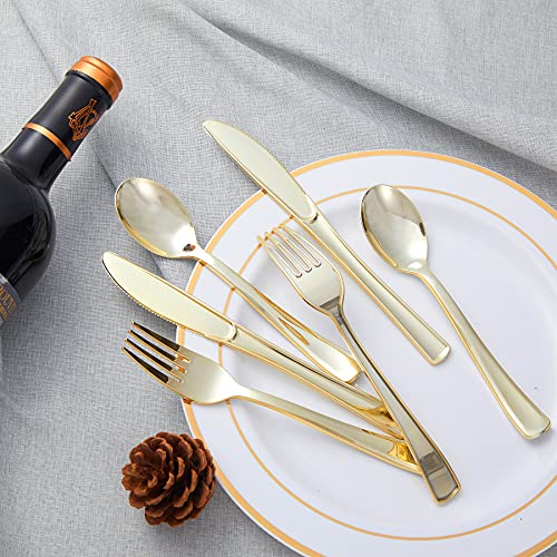 N9R 300PCS Gold Plastic Silverware, Heavy Duty Gold Plastic Cutlery Set Disposable Flatware Dinnerware, 100 Forks, 100 Spoons, 100 Knives, Perfect for Party, Wedding and Daily Use - color: Gold-300Pack