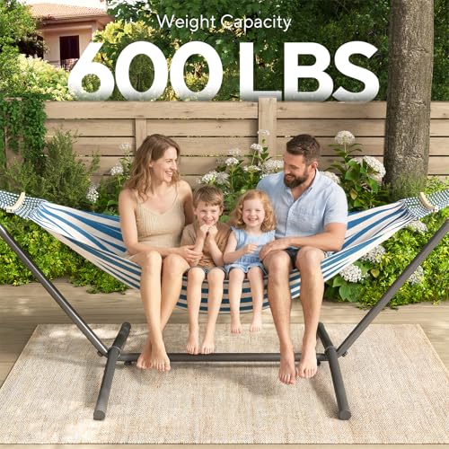 600lbs Hammock with Stand for Outside, 2 Person Portable Hammock with Side Storage, Carrying Bag, Expend Wooden Bar for Outdoor or Indoor (Blue White) - color: Blue White
