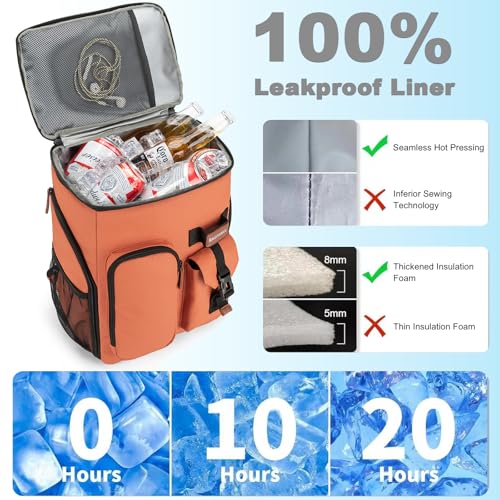 BAGPARKK Insulated Cooler Backpack,33/45 Cans Multifunctional Double Deck Leakproof Cooler Bag with Sternum Strap,Large Capacity Lightweight Travel Camping Beach Backpack - color: Orange, size: 33Can