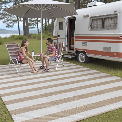 PureCozy Outdoor Waterproof Patio Rug 5x8 Plastic Straw Reversible Lightweight Outside Beige Striped Large Carpet Outdoor for Camping RV Porch Deck Balcony Beach - color: Stripe | Beige, size: 5' x 8' (Rectangular)