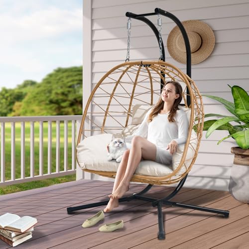 Double Egg Swing Chair with Stand - 2 Person Hammock Egg Chair for Outdoor, Patio, Garden & Balcony - Heavy-Duty Steel Frame, All-Weather Pe Rattan & Uv-Resistant Cushions - color: Yellow