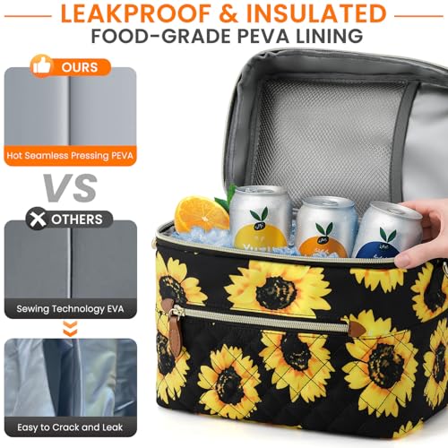 Tenot Insulated Lunch Box for Women Reusable, Leak Proof Cooler Lunch Bag Women for Work Stylish Quilted Lunch Tote Bag for Adult Picnic Travel Hiking Sunflower Floral - color: Sunflower Floral