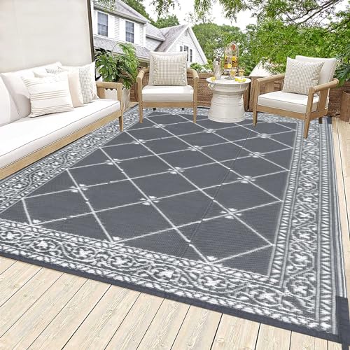 Reversible Mat Plastic Outdoor Rugs for Patios Clearance Waterproof Plastic Straw Rug Large Area Rug for Outdoor, Porch, Patio, RV,Camping,5x7Ft, Grey - color: Classic Grey, size: 5' x 7' (Rectangular)