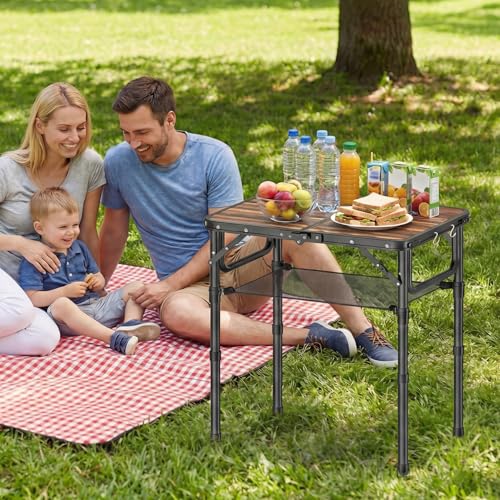 YihuiKo Folding Picnic Table with Storage Net, 3 Adjustable Heights Aluminum Small Folding Table, Lightweight, Portable Carrying Handle, for Camping Travel Outdoor - size: 24"L x 16"W x 27"H Plank-style Wood Grain