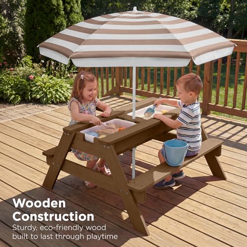 Best Choice Products Kids Picnic Table with Umbrella, 3-in-1 Sand & Water Table, Outdoor Convertible Picnic Table for Toddlers, Seats 4, Removable Top, 2 Buckets - Walnut/Beige - color: Walnut/Beige