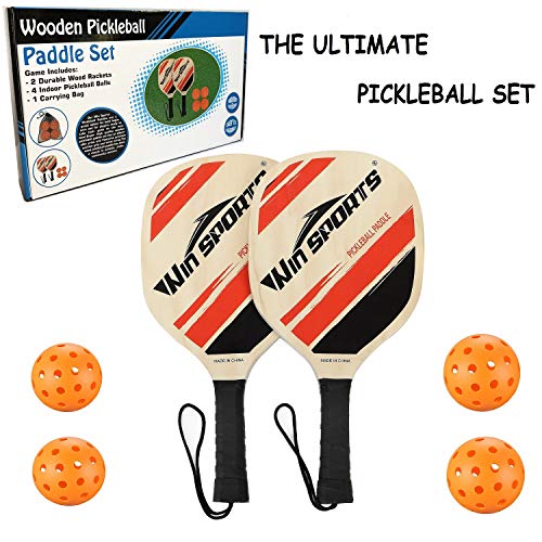 Wooden Pickleball Paddles Set 2 - Win SPORTS Beginner Racket,Pickle Ball Paddles with 2 Paddles,4 Balls and 1 Carry Bag,Durable and Classic (Choose Black and Wooden Version)
