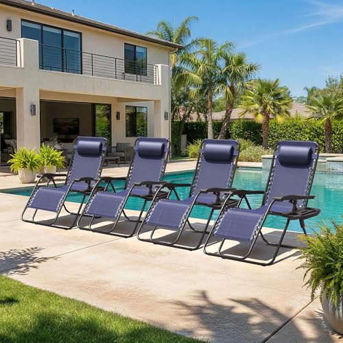 Homall Zero Gravity Chair Patio Folding Lawn Outdoor Lounge Gravity Camp Reclining Lounge Chair with Cup Holder Pillows for Poolside Backyard and Beach Set of 4 (Blue) - color: Blue, size: 4 PCS