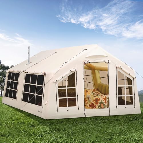 KNUO Inflatable Camping Tent, Large Blow-Up Air Tent, No Assembly Needed Luxury Glamping House, Oxford Fabric - color: Light Beige-Dual-layer Doors, size: 12x15ft