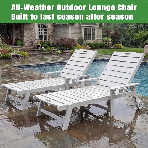 Outdoor Lounge Chair Set of 4 with 5-Position Adjustable, Outside Lounge Chair with Cup Holder, Wheels for Easy Mobility, HDPE Tanning Chair for Poolside, Patio, White - color: White, size: 4pc