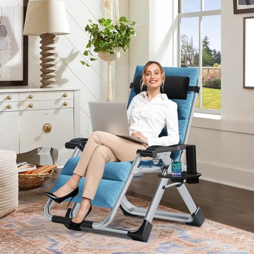 DoCred Comfy Chair, Folding Chair Recliner Chair for Bedroom and Living Room, Folding Reclining Patio Chairs Lounge Chair with Removable Cushion for Indoor Outdoor - color: Sky Blue