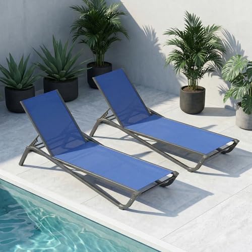 Set of 2 Patio Chaise Lounge Chairs, All-Weather Aluminum Pool Loungers for Outside, 5-Position Adjustable Sunbathing Chair for Deck, Backyard & Poolside, Rust-Proof, Cobalt Blue - color: Cobalt Blue, size: Set of 2