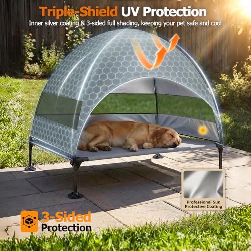 Elevated Dog Bed with Upgraded Canopy, Raised Outdoor Dog Tent with Powerful Anti-Slip Feet, Portable Pet Cot with Larger Shade, Raised Cooling Bed for Camping, Backyard, Beach, Poolside - color: Gray, size: Large: 42.0"L x 30.0"W x 33.0"Th