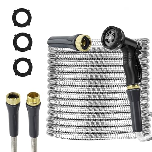 Stainless Steel Garden Hose 75ft Heavy Duty Metal Water Hoses with 10 Function Water Hose Nozzles for Yard Outdoor - size: 75 ft