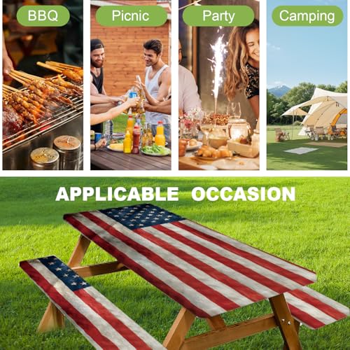 ANNA QUEEN Patriotic American Flag 6FT Picnic Table Cover with Bench Covers Set of 3 with Drawstring Bag, USA Flag 72"x30" Waterproof Picnic Tablecloth & Bench Covers for Outdoor BBQ - color: #57