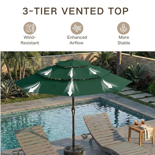 Kingdura 10ft 3-Tier Patio Umbrella, Outdoor Table Umbrella with Easy Crank & Tilt, 8 Reinforced Ribs, UV Protection for Deck, Pool, Market, Backyard (Dark green) - color: Dark green, size: 10 FT
