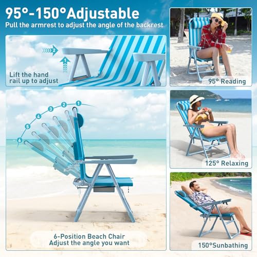 Suteck Backpack Beach Chair, 6-Positions Beach Chairs for Adults with Cooler Bag, Reclining Beach Chair with Cup Holder Folding Camping Chair for Sand Outdoor - color: Light Sky