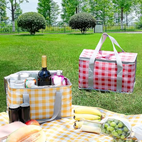Large Picnic Basket, Insulated Beach Bag Cooler Reusable with Zippered Top & Handles Reusable Folding Grocery Basket Insulated Cooler Bag for Picnic Travel - color: Red Grid 2
