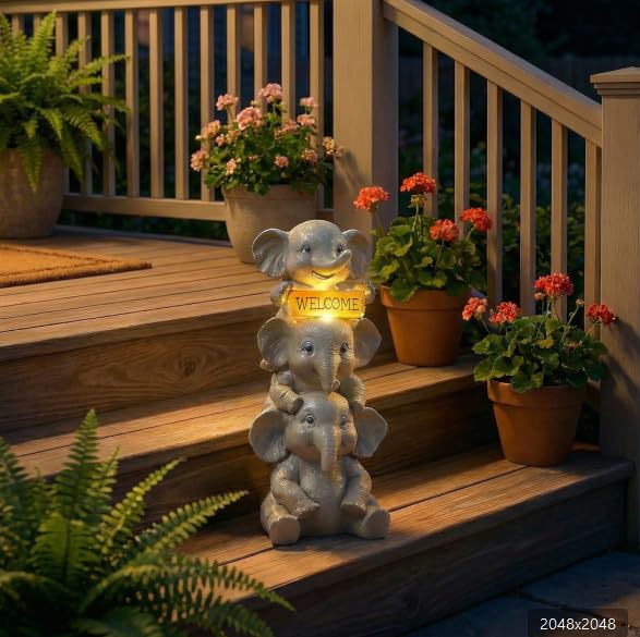 Lyeasw Solar Elephant Garden Statue with Lighted Welcome Sign, Outdoor Decor for Patio Porch Yard, Cute Elephant Family Figurine for Garden, Gift for Mom Grandma Garden Lovers - color: A Family of Three Elephants